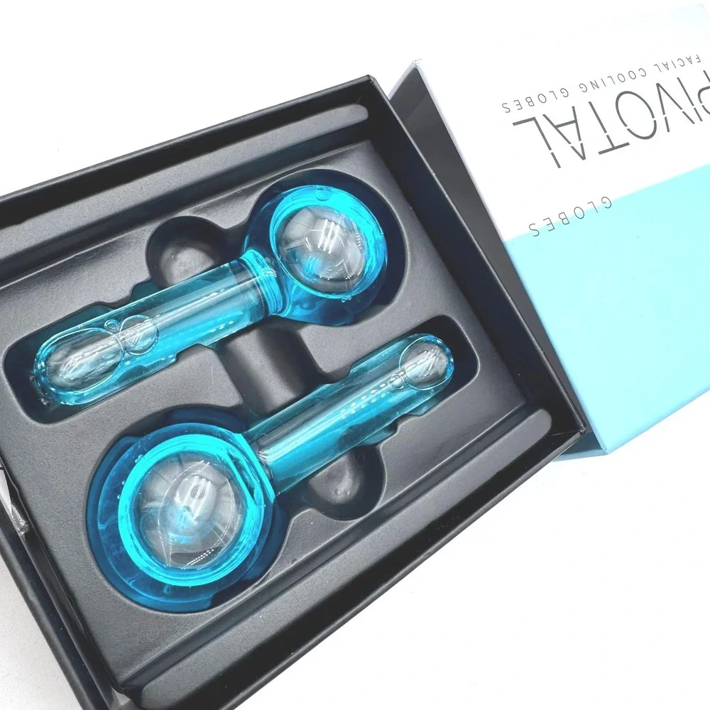 NEW Pivotal Facial Cooling Globes Borosilicate Glass Ice Roller Set Blue